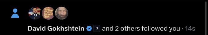 A screenshot shows a social media notification that "David Gokhshtein and 2 others followed you" 14 seconds ago, with his profile picture visible alongside two other avatars on a black background. The post's excitement at "shaking rn" suggests the user is thrilled or star-struck to have been followed by the well-known crypto influencer David Gokhshtein.