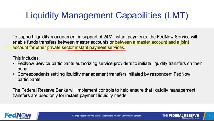This FedNow slide, titled "Liquidity Management Capabilities (LMT)," explains how the service enables instant payment transfers between master accounts or with joint accounts for private sector instant payment services, supporting liquidity management for 24/7 payments. The image reinforces the post's claim by showing FedNow's framework for third-party liquidity providers and correspondent settlements, highlighting infrastructure opportunities where Ripple could integrate as a service provider.
