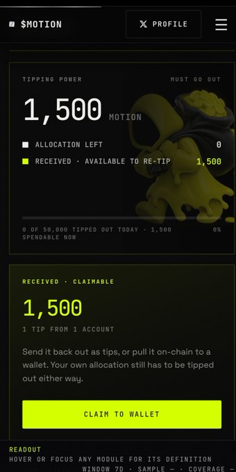 A mobile app interface from '$MOTION' showing a tipping power dashboard with '1,500 MOTION' balance, an octopus-like creature illustration, a 'CLAIM TO WALLET' button in bright yellow-green, and instructions about re-tipping allocations either as tips or on-chain to a wallet.