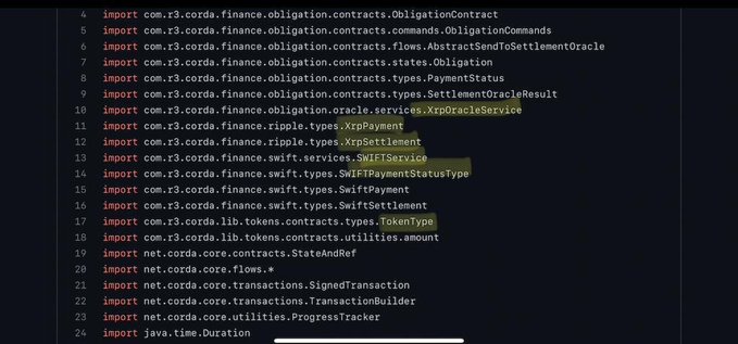 A screenshot of Kotlin code showing imports for a Corda finance obligation project, including references to ObligationContract, SwiftService, XrpOracleService, and XrpPayment types.
