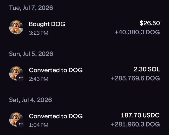 A cryptocurrency transaction history showing purchases and conversions of DOG (Dogecoin), including buying DOG for $26.50, converting 2.30 SOL to DOG, and converting 187.70 USDC to DOG across dates in July 2026.