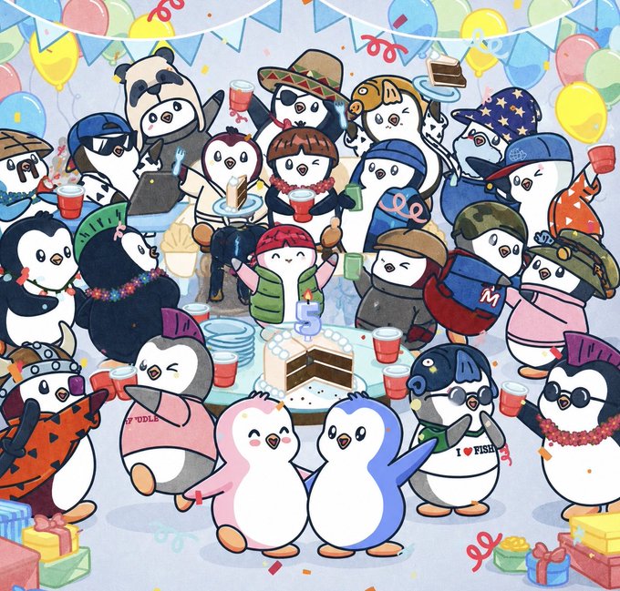 An illustration of multiple cartoon penguins gathered around a birthday cake with a '5' candle, celebrating with balloons, confetti, and party hats in a festive scene.