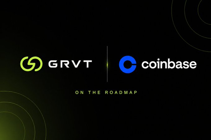 The image displays the GRVT and Coinbase logos side by side on a dark background, with the text "ON THE ROADMAP" beneath them, visually confirming that the GRVT ($GRVT) token has been added to Coinbase's listing roadmap ahead of its July 21 TGE.