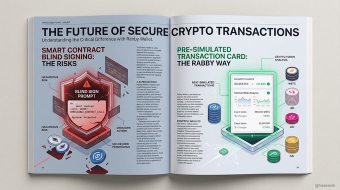 An open magazine spread titled 'THE FUTURE OF SECURE CRYPTO TRANSACTIONS' contrasts 'SMART CONTRACT BLIND SIGNING: THE RISKS' on the left page with 'PRE-SIMULATED TRANSACTION CARD: THE RABBY WAY' on the right, featuring graphics of a red warning shield and a smartphone interface.