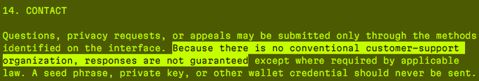 A screenshot of a terms of service section labeled "14. CONTACT" highlighting in green: "Questions, privacy requests, or appeals may be submitted only through the methods identified on the interface. Because there is no conventional customer-support organization, responses are not guaranteed except where required by applicable law," with the post referencing this unconventional support model in relation to $TIBBIR.