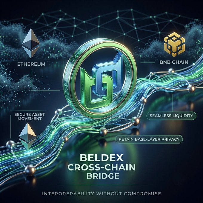 A futuristic 3D graphic for BelDex Cross-Chain Bridge promoting interoperability between Ethereum and BNB Chain with features like 'Secure Asset Movement,' 'Seamless Liquidity,' and 'Retain Base-Layer Privacy.'