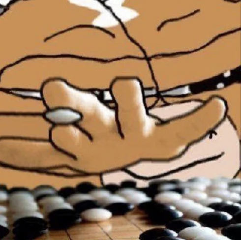 Anime-style illustration of hands holding Go stones over a wooden Go board, with a tattooed hand placing a white stone.