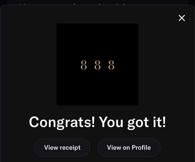 A popup screen displays 'Congrats! You got it!' with three gold 8s on a black square, offering buttons to 'View receipt' and 'View on Profile'.