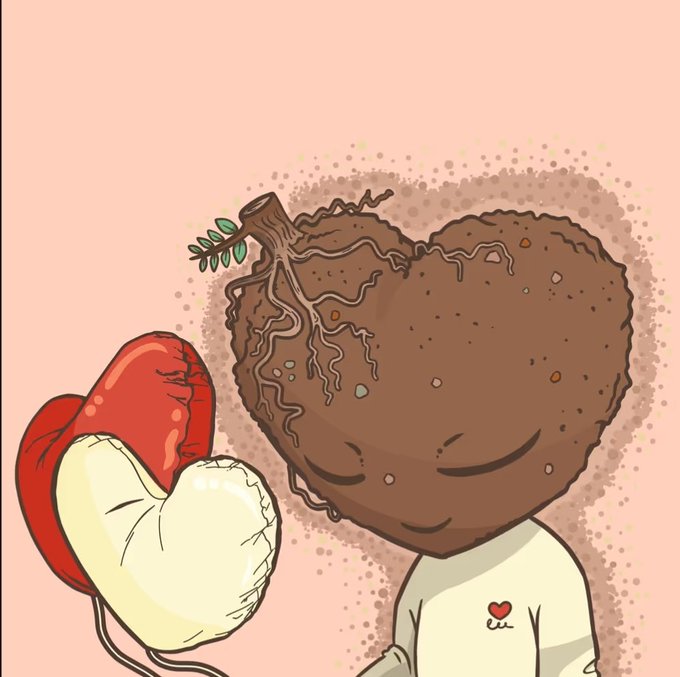 Digital illustration of an anthropomorphic brown heart-shaped root vegetable character wearing boxing gloves, appearing to fight against a red boxing glove.
