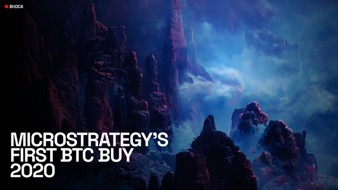 A dramatic blue-toned image of misty mountain peaks with text reading 'MICROSTRATEGY'S FIRST BTC BUY 2020' and a BITDCA logo in the corner.