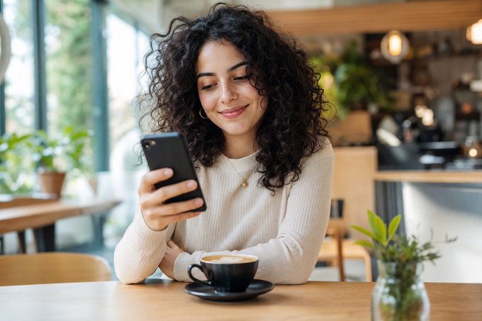 A young woman with curly dark hair smiles while looking at her smartphone in a cafe, with a coffee cup on the table in front of her.