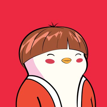 A cute cartoon illustration of a chubby penguin-like character with brown bowl-cut hair wearing an orange shirt against a red background.