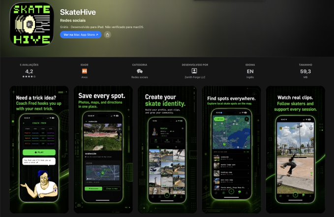 An App Store listing page for the app 'SkateHive' by Zwith Forge LLC, displaying a 4.2 star rating, age rating of 9+, and screenshots of features like finding skate spots and tracking tricks.
