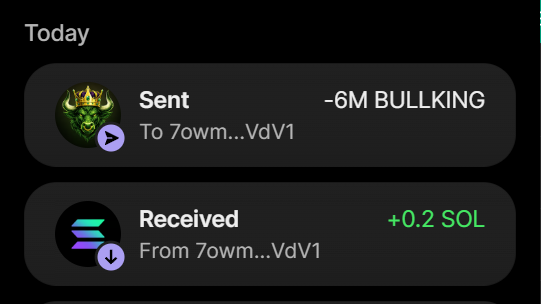 A screenshot of a digital wallet transaction history titled "Today" displays two entries: a "Sent" transaction of -6M BULLKING to the address "7owm...VdV1" and a "Received" transaction of +0.2 SOL from the same address, confirming the successful purchase of 6 million $BULLKING tokens for 0.2 SOL as advertised in the post.