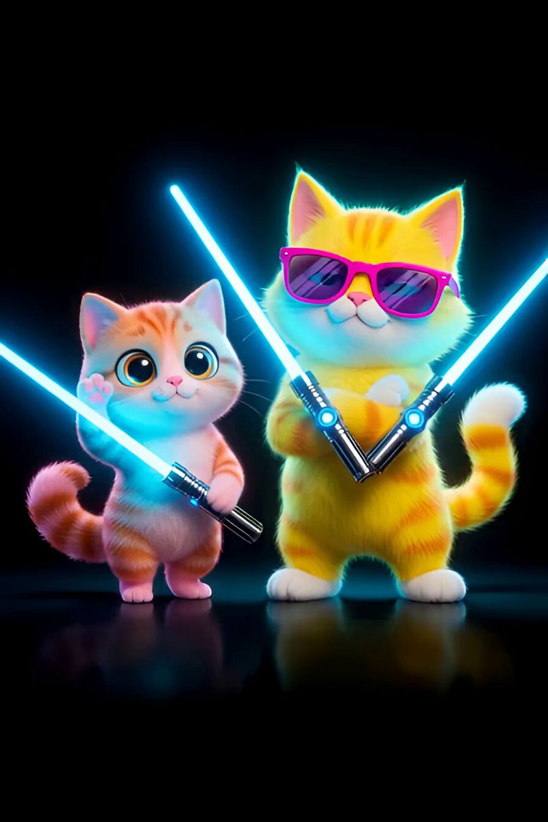 The image features two cartoon cats standing next to each other with their arms raised high above their heads, holding blue lightsaber wands. They are both wearing sunglasses and appear to be in a playful mood. The background of the image is black, which contrasts with the colorful characters and makes them stand out even more. The caption at the bottom of the image reads "GV fam! May the vibes be with you!".