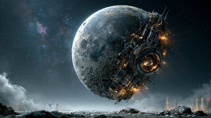 A detailed science fiction digital illustration of a massive, heavily industrialized futuristic spacecraft or space station hovering over a rocky, lunar-like landscape, with city lights and structures visible in the background.