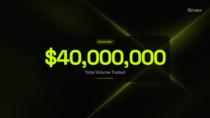 A milestone announcement graphic for 'Qvvex' displaying '$40,000,000 Total Volume Traded' in bright green text on a black background with green light accents.