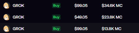 A list of Grok token purchase options showing prices ($99.05, $49.05, $89.05) with corresponding amounts in MC ($34.6K, $23.8K, $13.8K).