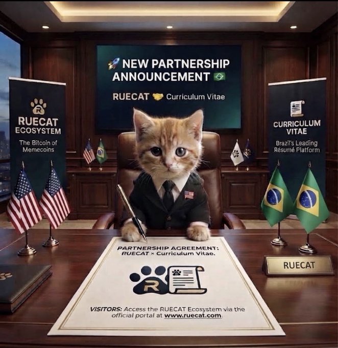 A humorous mock partnership announcement image featuring a kitten in a business suit sitting at a desk, with text reading "NEW PARTNERSHIP ANNOUNCEMENT: RUECAT 🤝 Curriculum Vitae," flanked by US and Brazilian flags and banners for "RUECAT ECOSYSTEM" (The Bitcoin of Memecoins) and "Curriculum Vitae" (Brazil's Leading Resumé Platform).