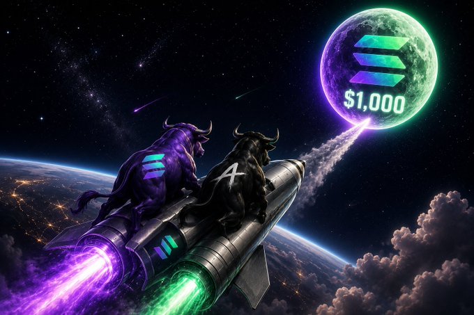 A dramatic digital artwork shows two cosmic bulls—one purple with the Solana logo and one black with an "A" (likely referencing Ansem)—riding a rocket toward a glowing moon displaying the Solana emblem and the price target "$1,000," visually capturing the bullish $SOL price prediction.

Key elements: Solana (SOL) logo, "$1,000" price target, rocket, moon, two bull figures tagged with $SOL, $ANSEM, and $CURB.