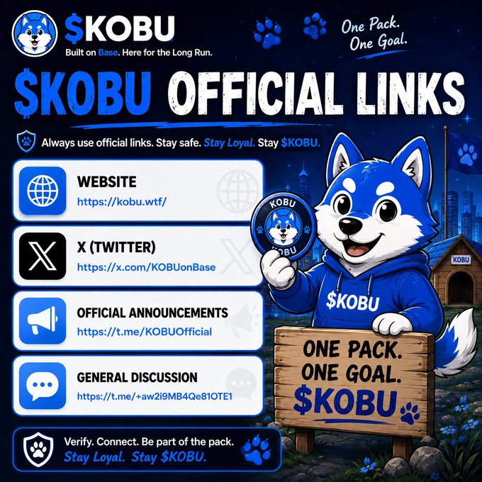 An advertisement for '$KOBU' cryptocurrency featuring a Shiba Inu mascot and listing official links for Website, X (Twitter), Telegram announcements, and discussion channels.