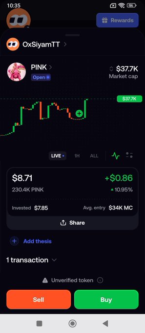 A mobile cryptocurrency trading screen showing the token 'PINK' at $8.71 with a 10.95% gain, indicating 230.4K holdings and offering Sell and Buy buttons.