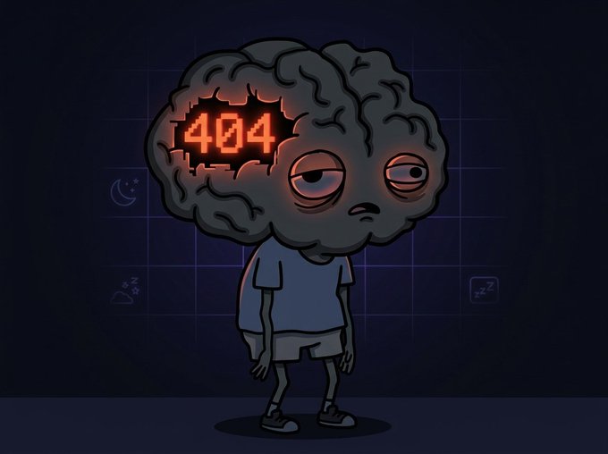 A digital illustration of a tired cartoon character with a brain for a head, displaying a glowing red '404' error message where the face should be, against a dark blue grid background with Z's indicating sleep.