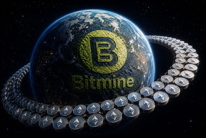 A digital graphic shows planet Earth with a Bitcoin-style logo and the word 'Bitmine' on it, surrounded by a chain of Ethereum coins in space.