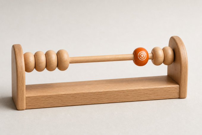 A minimalist wooden toy or abacus-like object on a white background, featuring a horizontal rod with round wooden beads and a single orange bead with a swirl design.