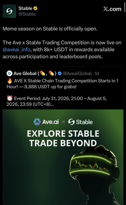 The image is a tweet from @Stable announcing "Meme season on Stable is officially open," featuring the Ave x Stable Trading Competition with 8,888 USDT in rewards, running from July 31 to August 5, 2026. The accompanying post relates by highlighting how Stable's support for meme coins (like $FEFER's 3x pump) demonstrates how meme trading can drive massive transaction volume and protocol revenue, aligning with the trading competition promotion shown.