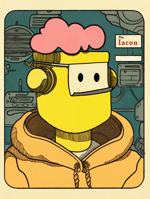 An illustrated character with a pink afro, white visor, and yellow hoodie stands in a sci-fi setting; text in the corner reads "The Iacon Doodle".