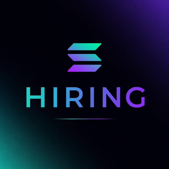 The image features a logo for a company named "Hiring". The logo consists of a stylized letter "S" with a green background, which is surrounded by purple lines. Below the logo, there's text that reads "Only possible on Solana", indicating that the company operates exclusively on the Bitcoin blockchain and is known for its fast innovation in the cryptocurrency space. The image also includes a caption about the company's services, stating that they are currently accepting applications for various roles at their website or via email.