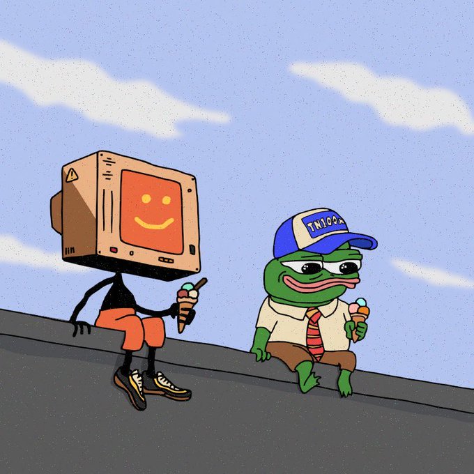 The image features two cartoon frogs sitting next to each other, one holding an ice cream cone while the other has a box with a smiley face on it. The background of the image shows a blue sky with clouds, giving the scene a whimsical atmosphere. The caption "we win long term ze ticker is $BNKR bish" suggests that the frogs are participating in a competition or challenge related to their cartoon characters and their ice cream treats.

The image also includes an element of humor as it features two cartoon frogs with human-like characteristics, such as sitting on top of a roof and holding ice cream cones. The presence of these elements creates a playful and lighthearted scene that could be interpreted as a joke or a humorous commentary on the relationship between humans and their love for ice cream.

The image is likely meant to evoke a sense of amusement and joy, with the cartoon frogs being the main focus while the background serves to enhance the overall visual appeal. The combination of the two elements - the human-like appearance of the frogs and the ice cream cones - creates an interesting contrast that adds depth and complexity to the scene.