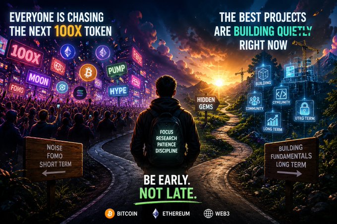 A motivational crypto-themed graphic showing a man choosing between two paths: chasing 100x tokens with noise and FOMO, or building fundamentals for long-term success, featuring Bitcoin, Ethereum, and Web3 logos.