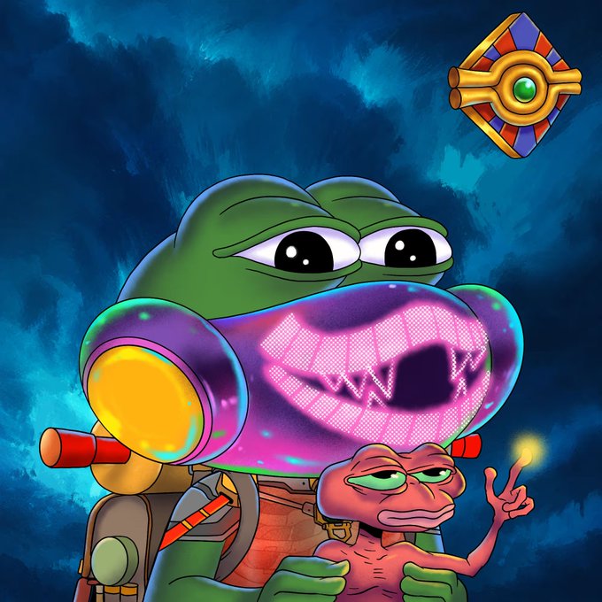 A digital illustration featuring Pepe the Frog wearing a futuristic helmet with a glowing digital mouth display, holding a smaller pink Pepe-like creature, set against a dark blue background with a golden amulet-like object in the upper right.