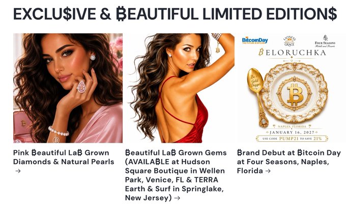 An advertisement promoting 'EXCLUSIVE & BEAUTIFUL LIMITED EDITIONS' featuring images of women wearing jewelry and a 'Bitcoin Day at Four Seasons, Naples, Florida' event on January 16, 2027.