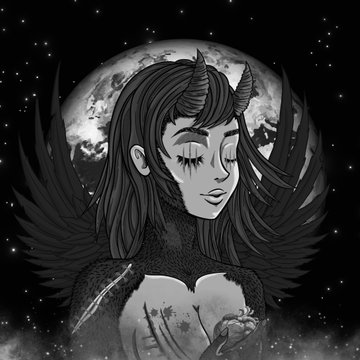 A grayscale digital illustration of a winged, horned character against a large moon and starry night sky, representing a 1:1 tribute piece from "The Forgotten" collection for @Nuddies_ holders.