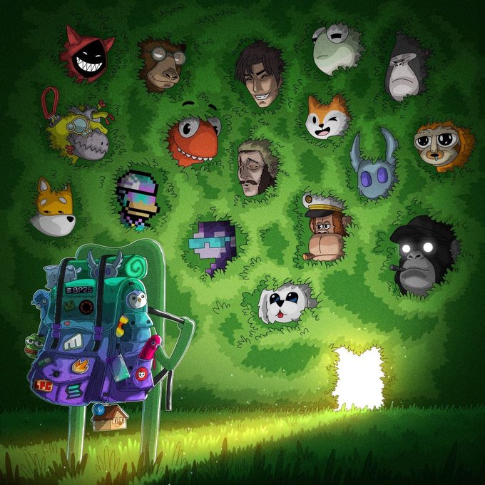 A colorful illustration shows a character with a heavily loaded green and purple backpack covered in toys, patches, and gadgets, sitting on a grassy field in front of a leafy wall displaying various floating character faces and creatures, with a glowing white portal on the right. The visible text "SDG25" on the backpack and the playful, achievement-style display relate to the post by visually celebrating creativity and progress, evoking the sense that "Sol" is a clever and meaningful advancement.