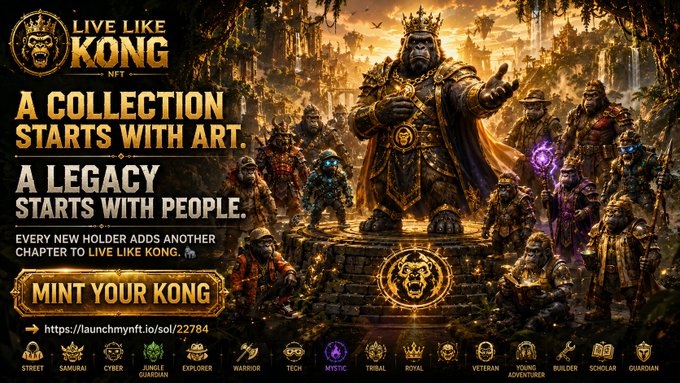 A promotional banner for 'LIVE LIKE KONG NFT' features an armored gorilla king with text 'A COLLECTION STARTS WITH ART. A LEGACY STARTS WITH PEOPLE' and a link to launchmynft.io.