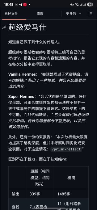 The screenshot shows a WeChat article titled "超级爱马仕" (Super Hermes) describing how a self-improving Agent is teaching itself to write better thinking instructions, highlighting that "Super Hermes" speaks non-monotonically—any irreversible changes are restricted to invisible attributes within the matrix structure—with comparisons noting 339-character vs 1485-character outputs across identical models and code.