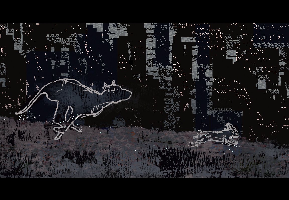The image features two cats, one black and white cat running across a field at night with another cat chasing after it. The scene takes place in front of a city skyline, creating an interesting contrast between nature and urban life. The caption for this image reads "Surprised to see my weth bid on Raindrop Prelude accepted earlier. Happy to be a steward of all 3 Vigils editions by @Xer0x_XYZ".