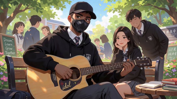 An anime-style illustration of students in a school setting, with a boy in a black hoodie and mask playing an acoustic guitar while a girl in a uniform watches, alongside a chalkboard reading 'Dream Learn Grow Together'.