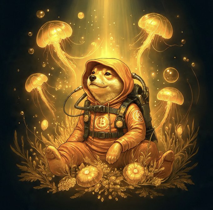 A whimsical digital illustration of a baby bear wearing an orange hooded jumpsuit emblazoned with the Bitcoin "B" logo, sitting peacefully surrounded by glowing jellyfish and underwater flora bathed in golden light.