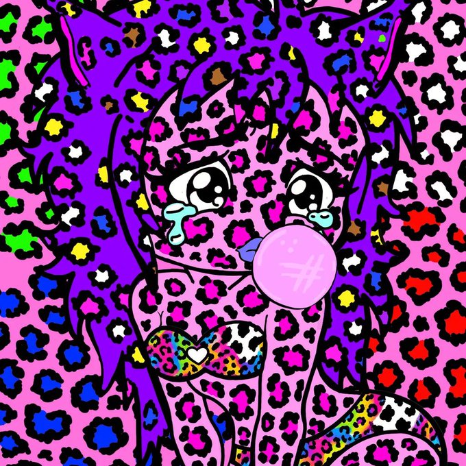 A vibrant pop-art style illustration of a character with purple hair crying while blowing a pink bubblegum bubble, set against a colorful leopard print background.