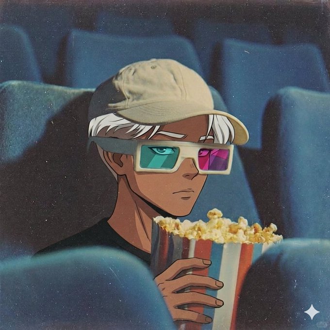 An anime-style illustration of a young person with white hair wearing a beige cap and 3D glasses, holding a striped bucket of popcorn while seated in a dark movie theater.
