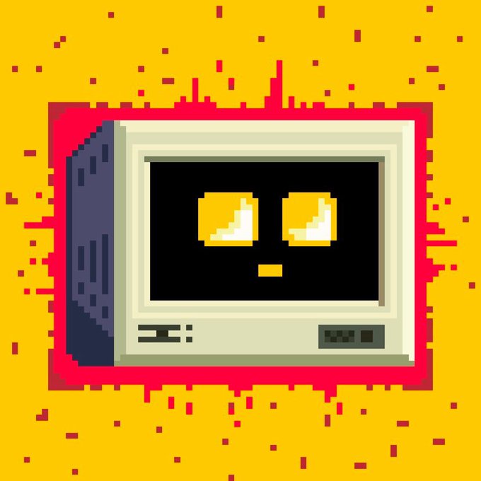 A pixel art illustration of a retro computer monitor with glowing yellow eyes on a black screen, surrounded by a burst of red lines against a yellow background.