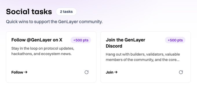 The image shows a social media platform called GenLayer, which has two sections displayed on its screen. The first section displays a list of tasks that users can complete to earn points, while the second section provides information about joining the GenLayer community. The text in both sections is written in purple and white colors, making it easy for users to understand the content.