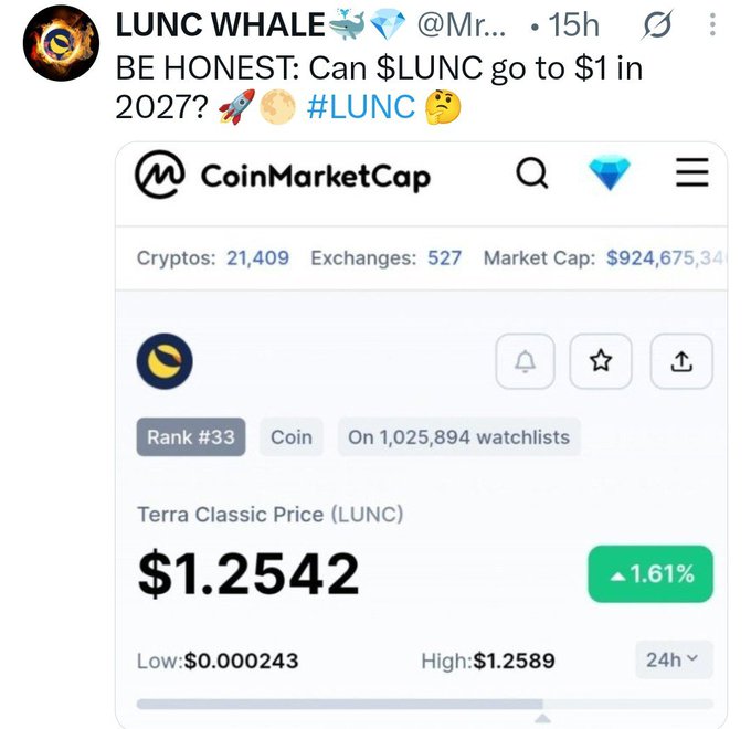 A tweet by LUNC WHALE asking 'Can $LUNC go to $1 in 2027?' alongside a CoinMarketCap screenshot showing Terra Classic (LUNC) at $1.2542.