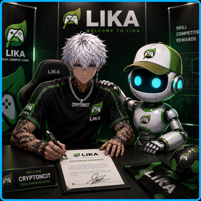 An AI-generated promotional image for LIKA gaming platform showing an anime-style character with white hair and a robot mascot, both wearing LIKA branded clothing, as the character signs a 'PARTNERSHIP AGREEMENT' while holding a 'CRYPTONCIT LIKA AMBASSADOR' card.