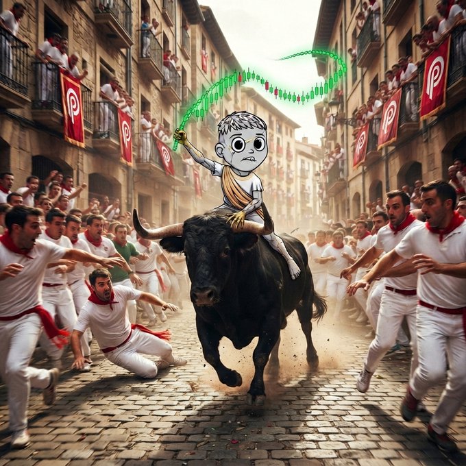AI-generated illustration depicting a cartoonish gray-skinned figure riding a charging black bull through a crowded street during the Running of the Bulls festival, with onlookers wearing white and red attire and Pinterest banners lining the buildings.
